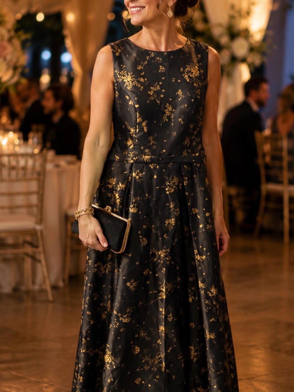 Chry Baby Black & Gold Floral Sleeveless Evening Dress NWT ptp 19, w17,  38 long